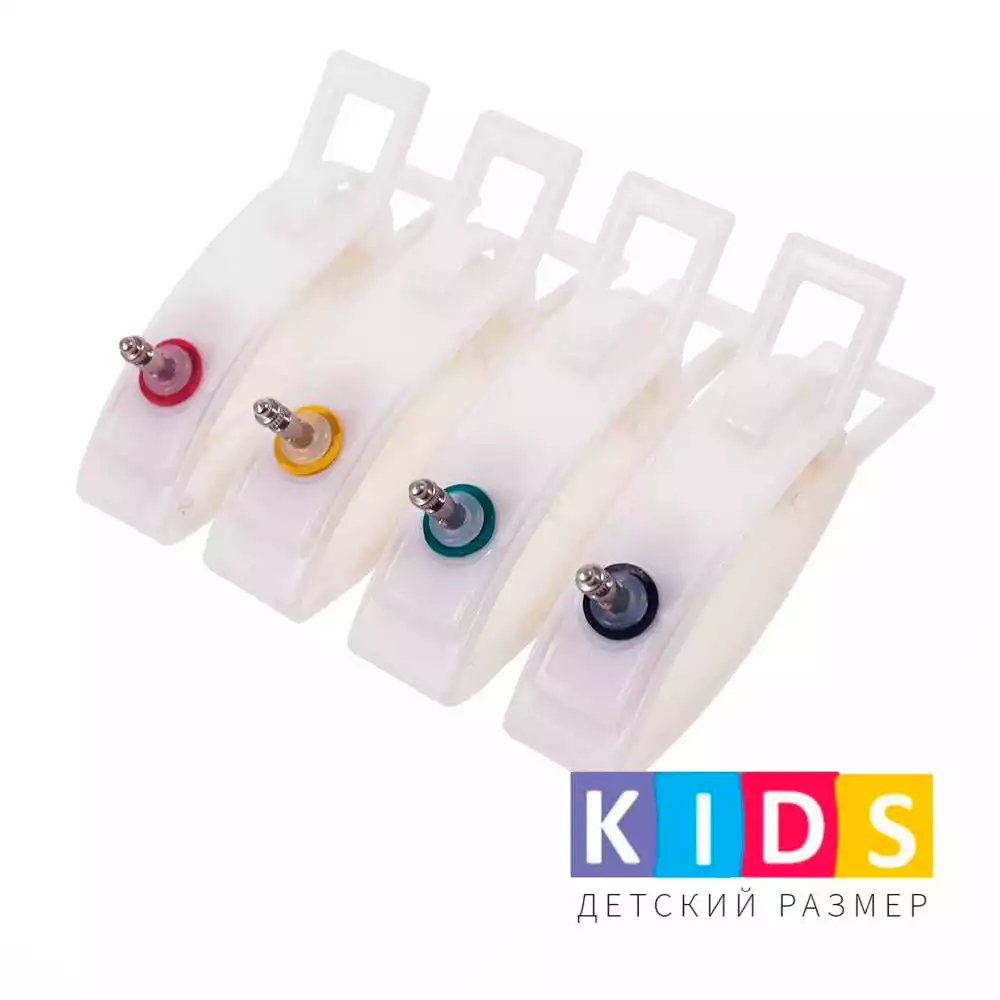 Электроды для ЭКГ, клеммы на конечности, ДЕТСКИЕ (от грудного возраста до 10лет), с винтом и зажимом, БЕЗ серебра, упаковка 4 шт, многоразовые