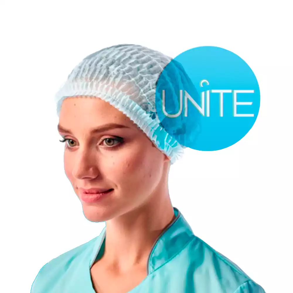 Шапочка Шарлотта (клип) Unite, материал СМС 12г/м2, одинарная резинка, длина 48см, нестерильная, белая