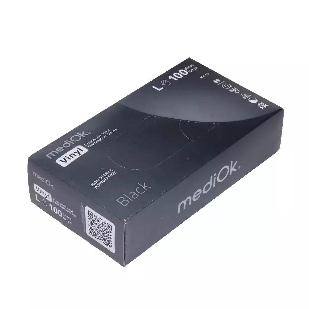 Перчатки смотровые mediOk Vinyl, размер L, виниловые, неопудренные, нестерильные, гладкие, черные, упаковка 50 пар