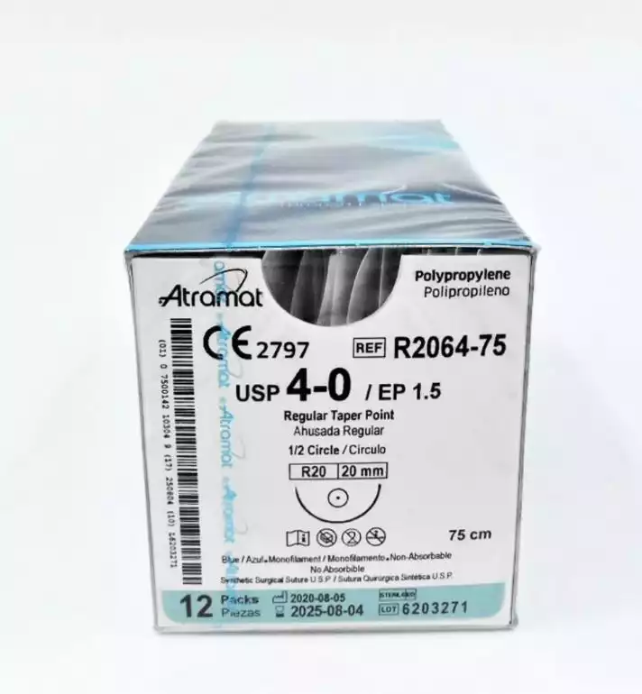 Полипропилен синий Atramat USP 4-0 (МР1,5), длина нити 75 см, игла колющая 20 мм, изгиб 1/2 окружности, упаковка 12 шт.
