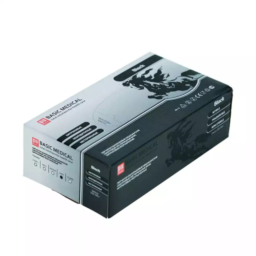 Перчатки Basic Black, размер L, нитриловые, вес 7,0 г/пара, неопудренные, текстурированные на пальцах, цвет черный, нестерильные, упаковка 50 пар