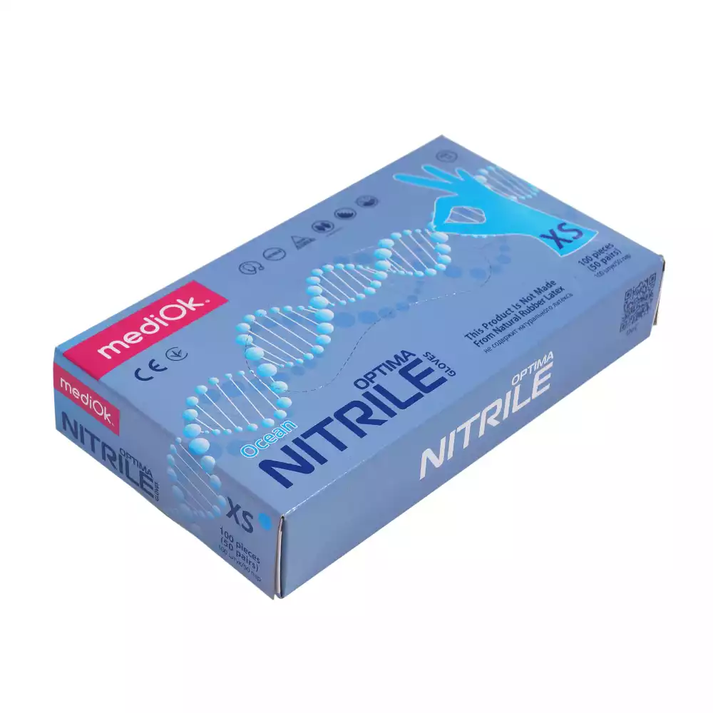Перчатки mediOk OPTIMA, размер XS, нитриловые, вес 6,0 г/пара, неопудренные, текстурированные на пальцах, цвет голубой, нестерильные, упаковка 50 пар