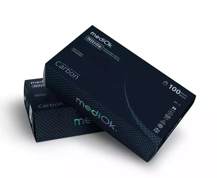 Перчатки смотровые mediOk CARBON, размер M, 8 гр/пара, нитриловые, неопудренные, текстурированные, нестерильные, цвет черный, упаковка 50 пар